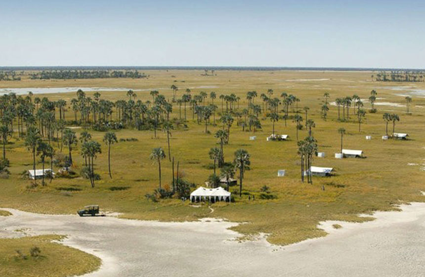 Aerial view over our oasis camp, Botswana